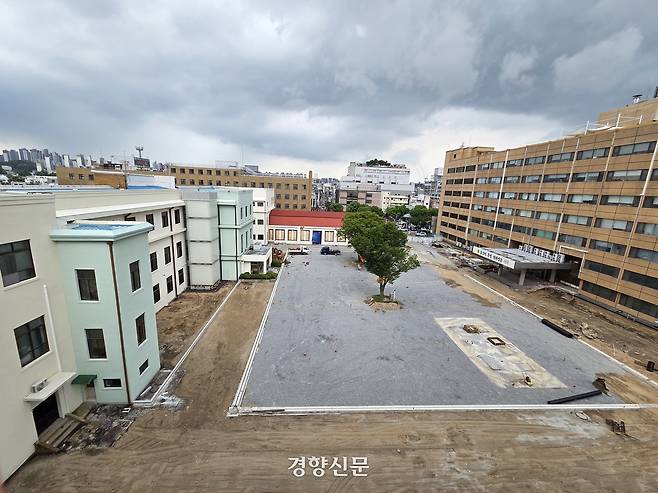 충북도가 도청 청사 내 본관과 신관사이에 잔디광장 조성 공사를 진행하고 있는 모습. 이삭 기자.
