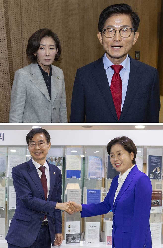 “도전합니다” 국민의힘 당대표 선거에 출마한 김문수 전 노동부 장관(오른쪽)이 나경원 국민의힘 의원의 안내로 31일 국회 소통관에서 비전·공약 발표를 마친 뒤 이동하고 있다(위 사진). 국민의힘 당대표 선거에 출마한 조경태 의원(왼쪽)과 최고위원에 도전한 양향자 전 의원이 국회 의원회관에서 만나 악수하고 있다.  연합뉴스