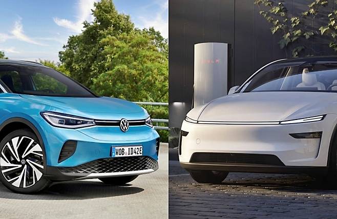 유럽에서 폭스바겐이 테슬라를 잡는데 기여한 폭스바겐 ID.4(왼쪽)와 테슬라 모델Y [사진출처=폭스바겐, 테슬라/ 편집=최기성 매경 디지털뉴스룸 기자]