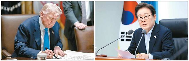 30일(현지시간) 미국 백악관이 한미 관세 합의 소식을 알리며 백악관 페이스북에 게재한 사진. 오른쪽 사진은 이재명 대통령이 31일 서울 용산 대통령실에서 열린 수석보좌관 회의에서 발언하는 모습. 백악관 페이스북 캡처·김호영 기자