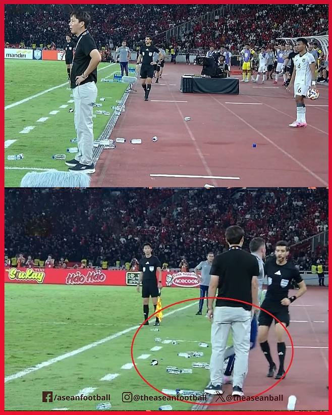 지난 29일 인도네시아 자카르타 겔로라 붕 카르노 스타디움에서 열린 2025 아세안축구연맹(ASEAN) U-23 챔피언십 결승전 베트남과 인도네시아의 결승전 당시 롱스로인을 준비하는 인도네시아 로비 다르위스(사진 위 오른쪽)의 롱스로인을 앞두고 베트남 기술지역에 흩트려진 물병들. 아래 사진은 인도네시아 코치가 베트남 기술지역까지 뛰어와 물병을 걷어찬 뒤 대기심의 제지를 받는 모습. /사진=아세안풋볼 SNS 캡처