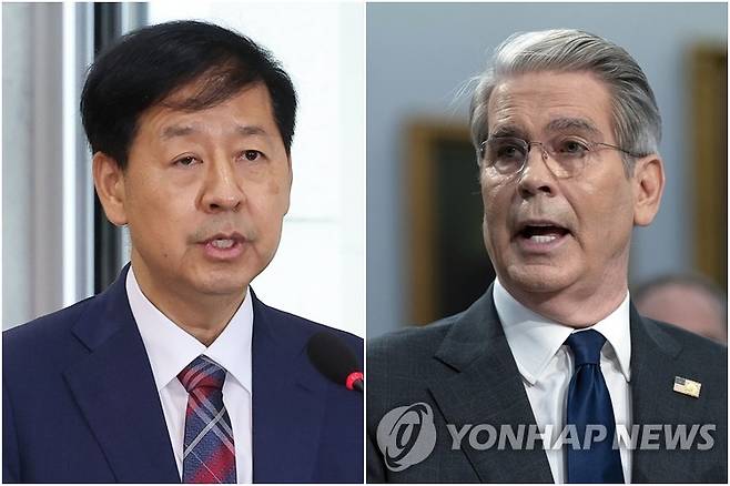 구윤철 부총리 겸 기획재정부 장관(왼쪽)과 스콧 베센트 미국 재무장관 [촬영 김주형] 2025.7.17 [AP=연합뉴스 자료사진. 재판매 및 DB 금지]