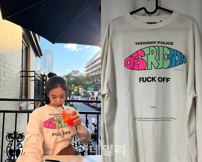블랙핑크 제니가 지난 28일 개인 인스타그램 계정에 게재한 일상 사진(왼쪽)과 제니가 착용한 세인트 미카엘 맨투맨 티셔츠 (사진=제니 인스타그램·중고거래 사이트 캡처)