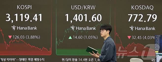 1일 오후 서울 중구 하나은행 딜링룸 전광판에 마감 시황이 나오고 있다. /뉴스1 ⓒ News1 김진환 기자