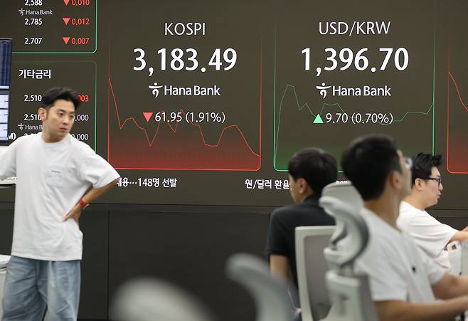1일 서울 중구 하나은행 본점 딜링룸에서 직원들이 업무를 보고 있다. 이날 코스피는 전장보다 35.12포인트(1.08%) 내린 3210.32로 거래를 시작해 낙폭을 키우고 있다./연합