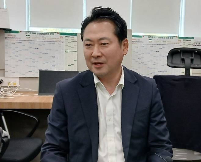 국민의힘 당대표 선거에 출마한 장동혁(충남 보령시서천군) 의원이 31일 오후 대전시청 기자실에서 출마 각오를 밝히고 있다. 2025.07.31. [대전=뉴시스]