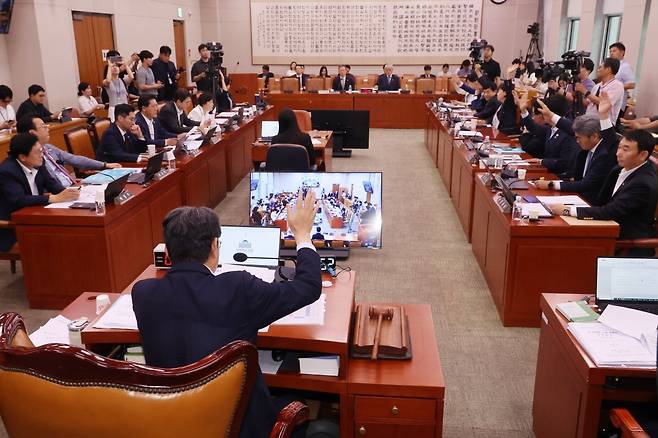 1일 서울 여의도 국회에서 열린 법제사법위원회 전체회의에서 상법 일부개정법률안이 거수표결로 통과되고 있다. 2025.08.01. 뉴시스