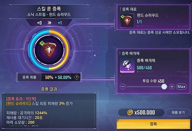 ▲ 1/2단계 기준 매개체 250개로 50% 확률이 붙고, 200개를 더 넣으면 100% 확률을 만들 수 있다