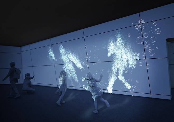 키네틱 센서가 관람객의 움직임과 위치를 감지하는 반응형 콘텐츠 'Rhythm im Droplets'. /서울디자인재단
