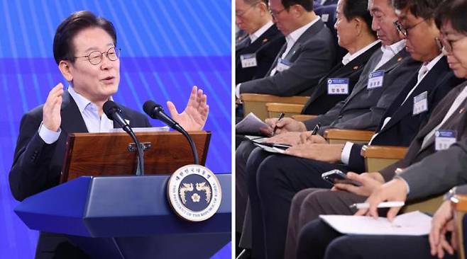 President Lee Jae-myung delivers a special lecture at a senior government officials’ workshop titled “The Era of Sovereignty: The Role of Public Servants” at the Government Complex in Seoul on July 31 (left photo). Cabinet members take notes during President Lee’s lecture at the same workshop. / The presidential office press corps