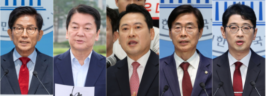 국민의힘은 8·22 전당대회 당 대표 후보 등록 마감 결과 김문수 전 고용노동부 장관, 안철수 의원, 장동혁 의원, 조경태 의원, 주진우 의원(왼쪽부터,가나다순) 등 총 5명이 신청했다고 31일 밝혔다. (사진=연합뉴스)
