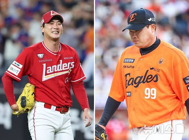 [대전=뉴시스] 권창회 기자 = 야구팬들이 손꼽아 기다려 온 류현진(한화 이글스)과 김광현(SSG 랜더스)의 맞대결의 희비가 엇갈렸다. 사진은 26일 오후 대전 중구 대전한화생명볼파크에서 열린 2025 신한 쏠뱅크 KBO리그 한화 이글스와 SSG랜더스의 경기에서 SSG 김광현(왼쪽)이 6회 말 한화 노시환을 병살로 잡아낸 뒤 미소짓는 모습과 한화 류현진이 1회 5실점 후 더그아웃으로 향하는 모습. 2025.07.26. kch0523@newsis.com