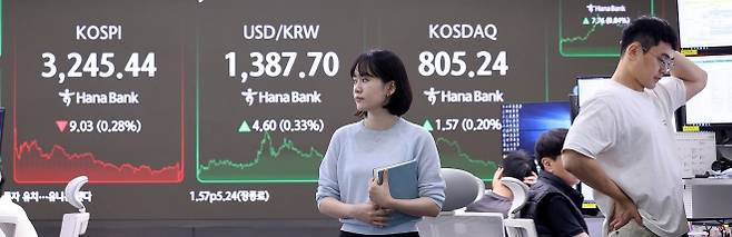 코스피 주춤 - 31일 오후 서울 중구 하나은행 딜링룸 전광판에 코스피 지수 등이 표시돼 있다. 이날 한미 상호관세 협상 타결에도 코스피 지수는 전 거래일 대비 0.28% 내린 3245.44에 거래를 마치며 6거래일 연속 이어 오던 상승세를 끝냈다. 코스닥은 0.20% 오른 805.24에 마감했다. 뉴스1
