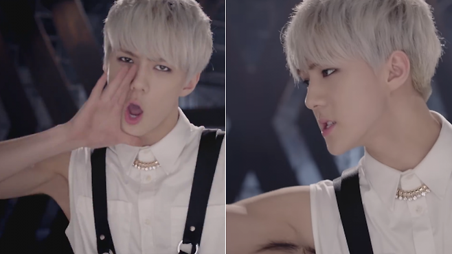 보이그룹 엑소가 2013년 8월 발표한 ‘으르렁’ 뮤직비디오(오른쪽)와 티저 영상(왼쪽). 멤버 세훈의 겨드랑이털이 보정으로 지워지기 전과 후가 대비된다.