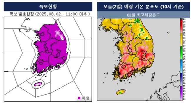 ⓒ기상청: 오늘날씨- 폭염특보 및 최고체감온도 분포도