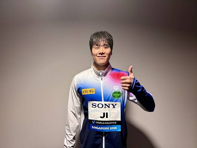 2일 싱가포르에서 열린 2025 세계수영선수권 자유형 50m 결승 경기가 끝난 뒤 지유찬의 모습. 올댓스포츠 제공