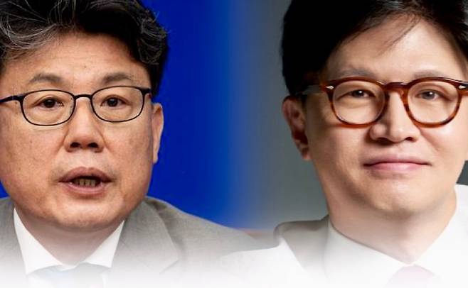 한동훈 전 국민의힘 대표(오른쪽), 진성준 더불어민주당 정책위의장.