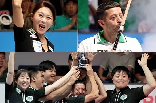 하나카드가 25/26시즌 PBA투어에서 초반부터 맹위를 떨치고 있다. 개인투어 4개중 2개, 팀리그 1라운드에서 우승하며 압도적인 퍼포먼스를 보여주고 있다. (왼쪽 위에서 시계방향으로) 김가영 초클루 하나카드선수단. (사진=PBA)