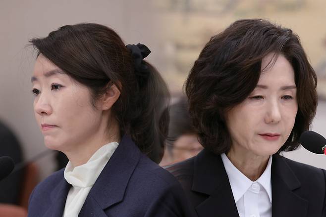 7월14일 국회 여성가족위원회에서 열린 강선우 당시 여성가족부 장관 후보자에 대한 인사청문회에서 강 후보자가 의원들의 질문에 답하고 있다(왼쪽 사진). 이진숙 당시 사회부총리 겸 교육부 장관 후보자가 7월16일 국회 교육위원회에서 열린 인사청문회에서 의원 질의에 답변을 마치고 있다. ⓒ시사저널 이종현·시사저널 박은숙