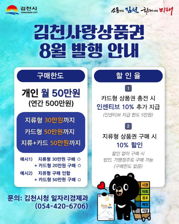 8월부터 김천사랑카드의 인센티브를 기존 6%에서 10%로 증액 시행하는 안내 홍보물.