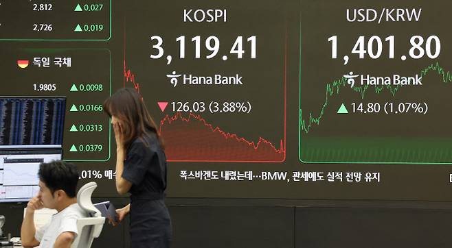코스피가 급락세를 보인 지난 1일 서울 중구 하나은행 본점 딜링룸 전경. (사진=연합뉴스)