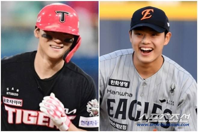KIA 타이거즈 김도영(왼쪽)과 한화 이글스 문동주의 맞대결이 성사될 뻔했는데, 비에 가로막혔다. 스포츠조선DB