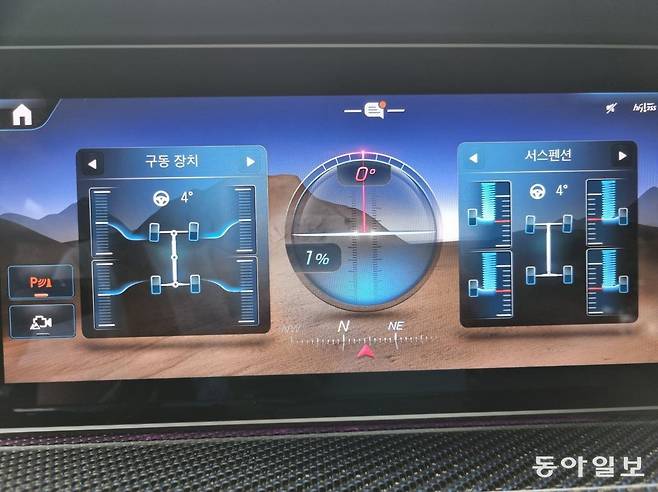 메르세데스벤츠 ‘G 580 위드 EQ 테크놀로지 에디션 원’에서 오프로드 콕핏을 작동시켰을 때의 디스플레이 모습. 김도형 기자 dodo@donga.com