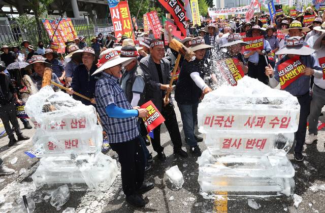 한국사과연합회, 한국과수농협연합회 등 소속 농민들이 7월31일 정부세종청사 산업통상자원부 앞에서 열린 ‘미국산 사과 수입 반대 국민대회\'에서 미국산 사과 수입을 결사 반대한다는 얼음 깨기 퍼포먼스를 펼치고 있다. 연합뉴스