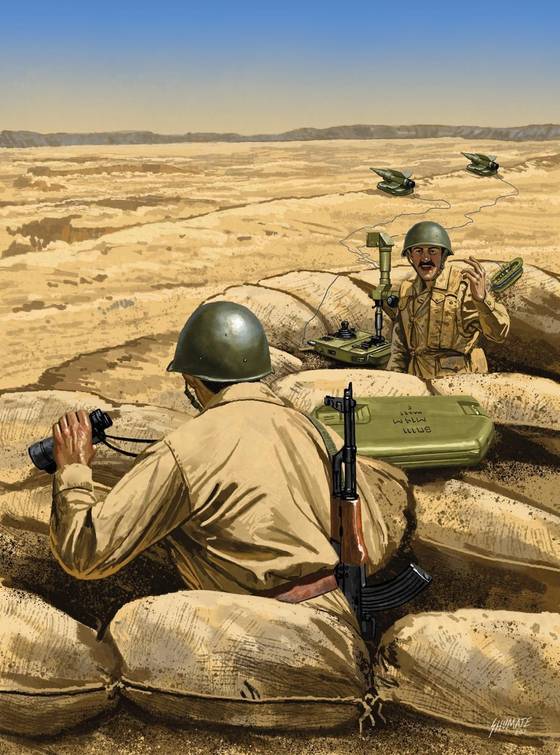 제4차 중동전쟁에서 이집트군 9K11 말륫카팀이 진지에서 발사 준비를 하고 있다. 이 미사일은 사수가 목표물을 계속 보면서 유도를 해야 했다. Weapons & Warfare