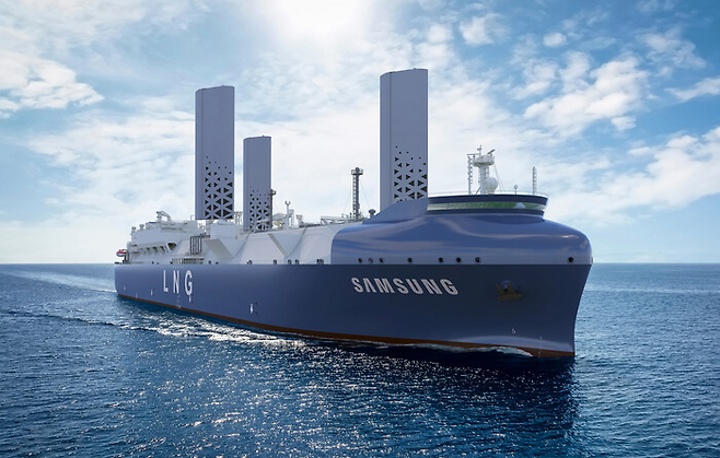 삼성중공업이 개발한 풍력 보조 추진장치 ‘윙 세일(Wing Sail)’을 탑재한 LNG 운반선. 삼성중공업 제공