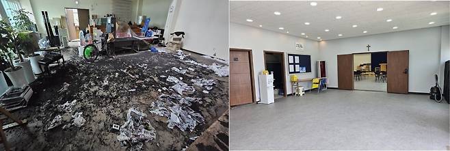 지난 3월 화재로 불탄 경기도 이천 올바른교회 모습(왼쪽)과 목자재단이 바닥 공사를 진행한 뒤의 모습. 목자재단 제공