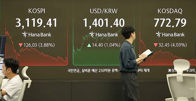 1일 서울 중구 하나은행 본점 딜링룸에서 직원들이 업무를 보고 있다. 이날 코스피는 전장보다 126.03포인트(3.88%) 내린 3,119.41에 장을 마쳤다. 연합뉴스