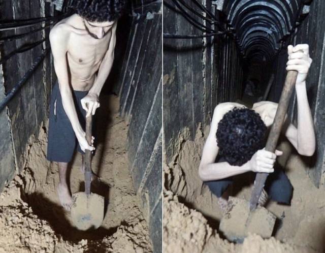 팔레스타인 무장정파 하마스가 공개한 선전 영상 일부. 2023년 10월 7일 이스라엘을 기습 공격한 하마스에 인질로 잡혀간 에비아타르 다비드(24)가 지하 땅굴에서 삽을 들고 있다.
