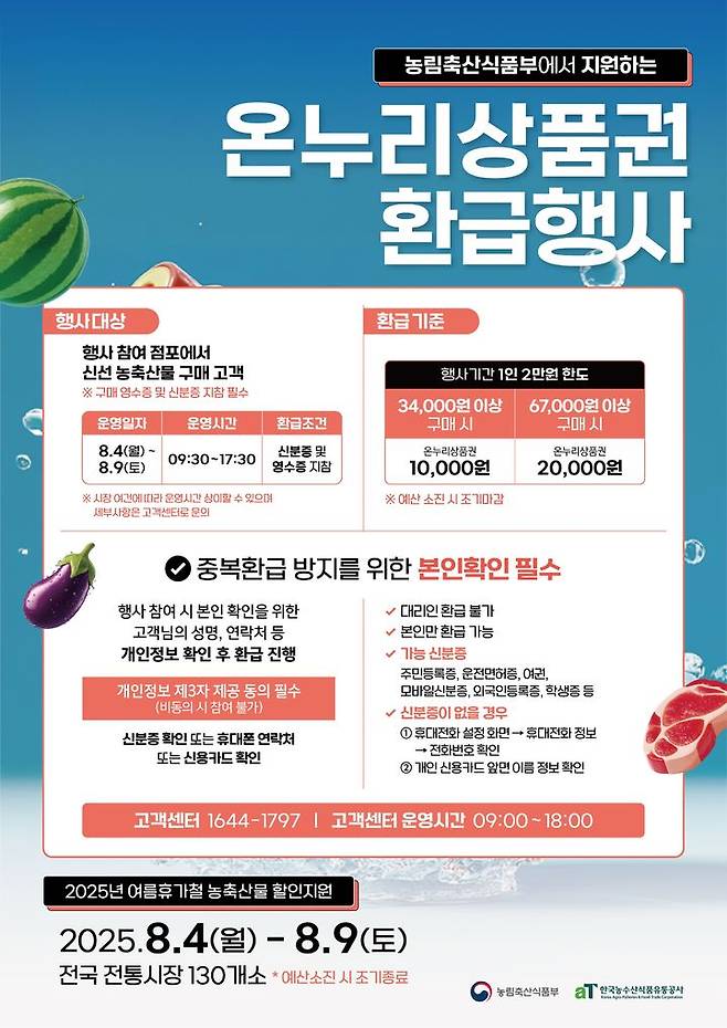 농림축산식품부는 오는 4일부터 9일까지 6일간 전국 130개 전통시장에서 '여름 휴가철 전통시장 온누리상품권 환급행사'를 실시한다고 3일 밝혔다. (포스터 = 농식품부 제공) 2025.08.03.  *재판매 및 DB 금지