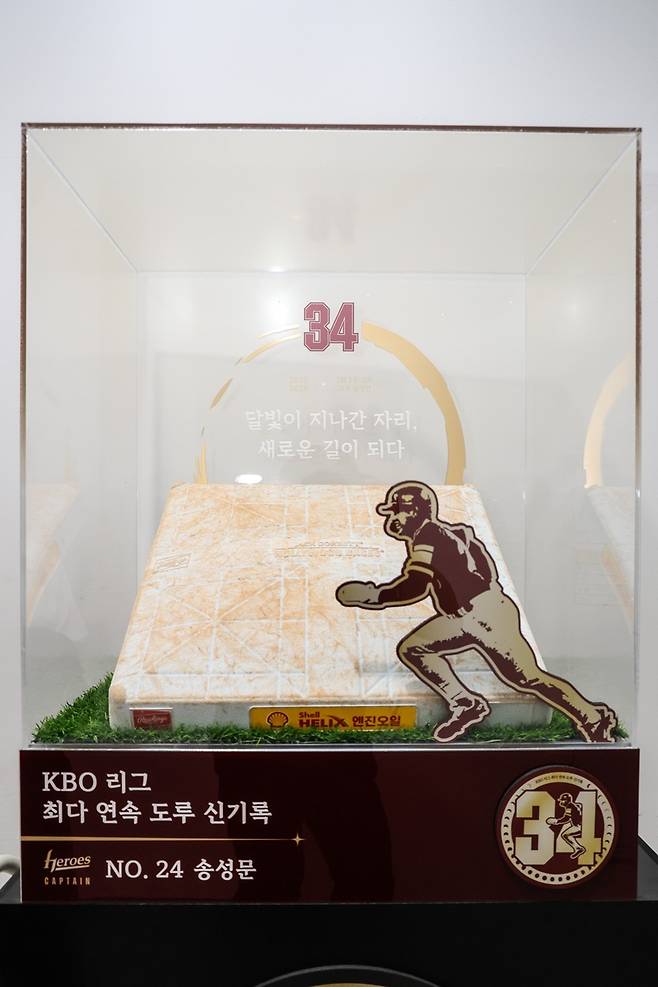 ▲ 송성문이 받은 2루 베이스 ⓒ 키움 히어로즈