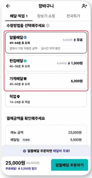 7월 30일 기자가 배달의민족 애플리케이션(앱)에서 ‘알뜰배달’ ‘한집배달’ ‘가게배달’을 선택하니 각각 배송료가 0원, 1000원, 6000원이 붙었다. 민생회복 소비쿠폰은 가게배달에서만&nbsp;사용할 수 있다. 배달의민족 앱 캡처