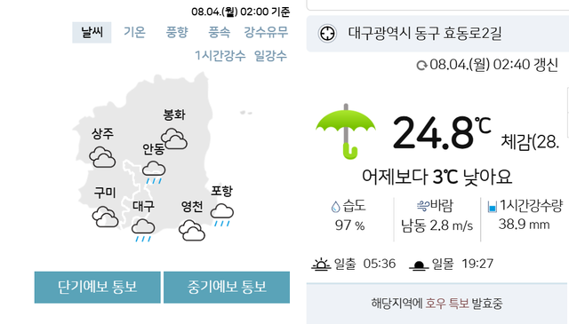 대구지역에 4일 오전 2시를 기해 호우 특보가 발효중이다. 기상청 날씨누리 갈무리.