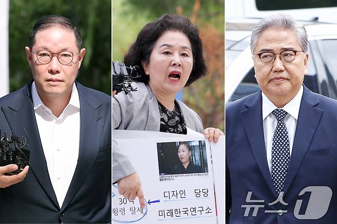 김영선 전 국민의힘 의원과 조현상 HS효성 부회장, 박진 전 외교부 장관이 4일 서울 종로구 '김건희 특검'(특별검사 민중기) 사무실로 조사를 받기 위해 출석하고 있다. 왼쪽부터 조현상 부회장, 김영선 전 의원, 박진 전 장관. 2025.8.4/뉴스1 ⓒ News1 박지혜 기자,김민지 기자