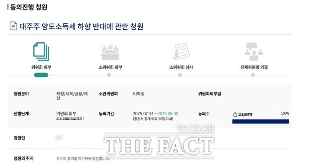 지난달 31일 국회전자청원 홈페이지에 올라온 '대주주 양도소득세 하향 반대에 관한 청원'이라는 제목의 게시글에 약 12만 명이 동의했다. /국회전자청원 홈페이지 캡처