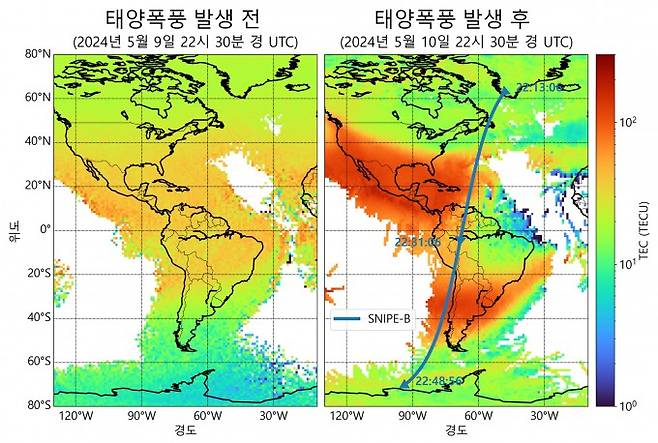 태양폭풍 발생 전과 후의 전리권 비교. 천문연 제공