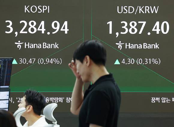 한미 무역 관세 협상이 타결된 지난달 31일 오전 서울 중구 하나은행 본점 딜링룸 현황판에 코스피, 원/달러 환율이 표시돼 있다. [사진=연합뉴스]