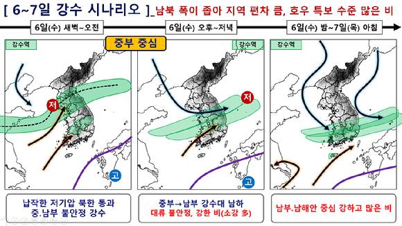 5~7일 사이 우리나라 중부와 남부 지방에 집중 호우가 내릴 것으로 예보됐다. [사진=기상청]