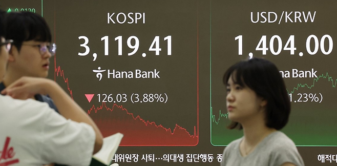 코스피가 3.88% 폭락한 1일 서울 중구 하나은행 본점 딜링룸에서 직원들이 업무를 보고 있다. [사진=연합뉴스]