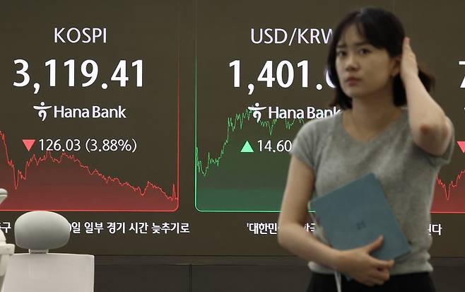 1일 서울 중구 하나은행 본점 딜링룸에서 직원들이 업무를 보고 있다. 이날 코스피는 전장보다 126.03포인트(3.88%) 내린 3119.41에 장을 마쳤다. [연합]