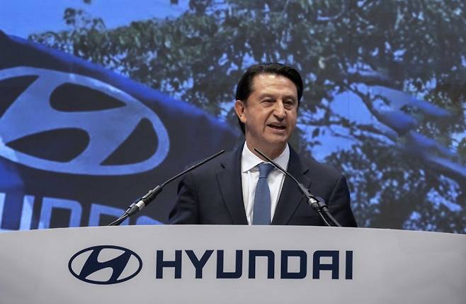 호세 무뇨스 현대차 사장이 지난 3월 서울 서초구 엘타워에서 열린 제57기 정기 주주총회에서 인사말을 하고 있다. [현대차 제공]