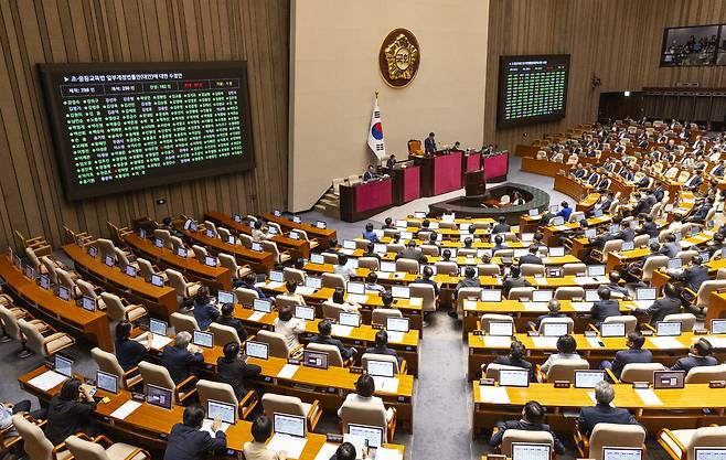 4일 서울 여의도 국회에서 열린 본회의에서 초중등교육법 개정안이 통과되고 있다. 연합뉴스