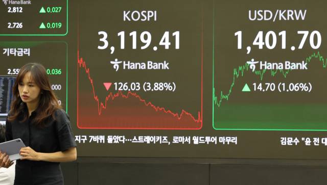 1일 서울 중구 하나은행 본점 딜링룸에서 직원들이 업무를 보고 있다. 이날 코스피는 전장보다 126.03포인트(3.88%) 내린 3119.41에 장을 마쳤다. 연합뉴스