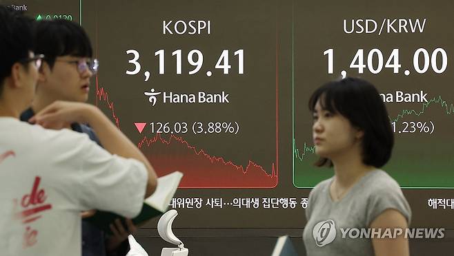 코스피, 3.9% 급락 3,110대 후퇴 (서울=연합뉴스) 이진욱 기자 = 1일 서울 중구 하나은행 본점 딜링룸에서 직원들이 업무를 보고 있다. 이날 코스피는 전장보다 126.03포인트(3.88%) 내린 3,119.41에 장을 마쳤다.
2025.8.1 cityboy@yna.co.kr