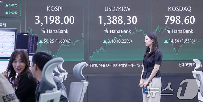 서울 중구 하나은행 딜링룸 전광판./뉴스1 ⓒ News1 민경석 기자