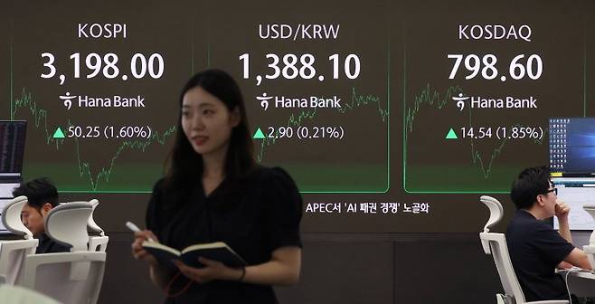 5일 코스피지수는 전일 보다 50.25p(1.60%)오른 3198.00, 코스닥지수는 14.54p(1.85%) 상승한 798.60에 각각 장을 마쳤다. 이날 서울 중구 하나은행 딜링룸에 지수가 표시되고 있다. 뉴시스